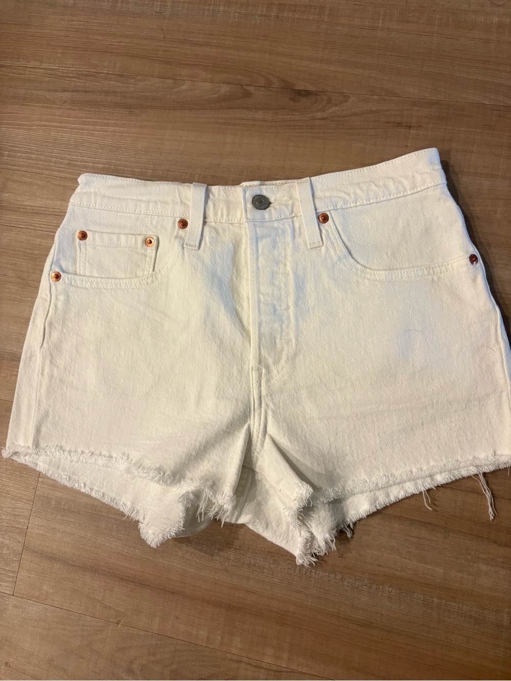 Levi's White High-Rise Frayed Hem Jean Shorts